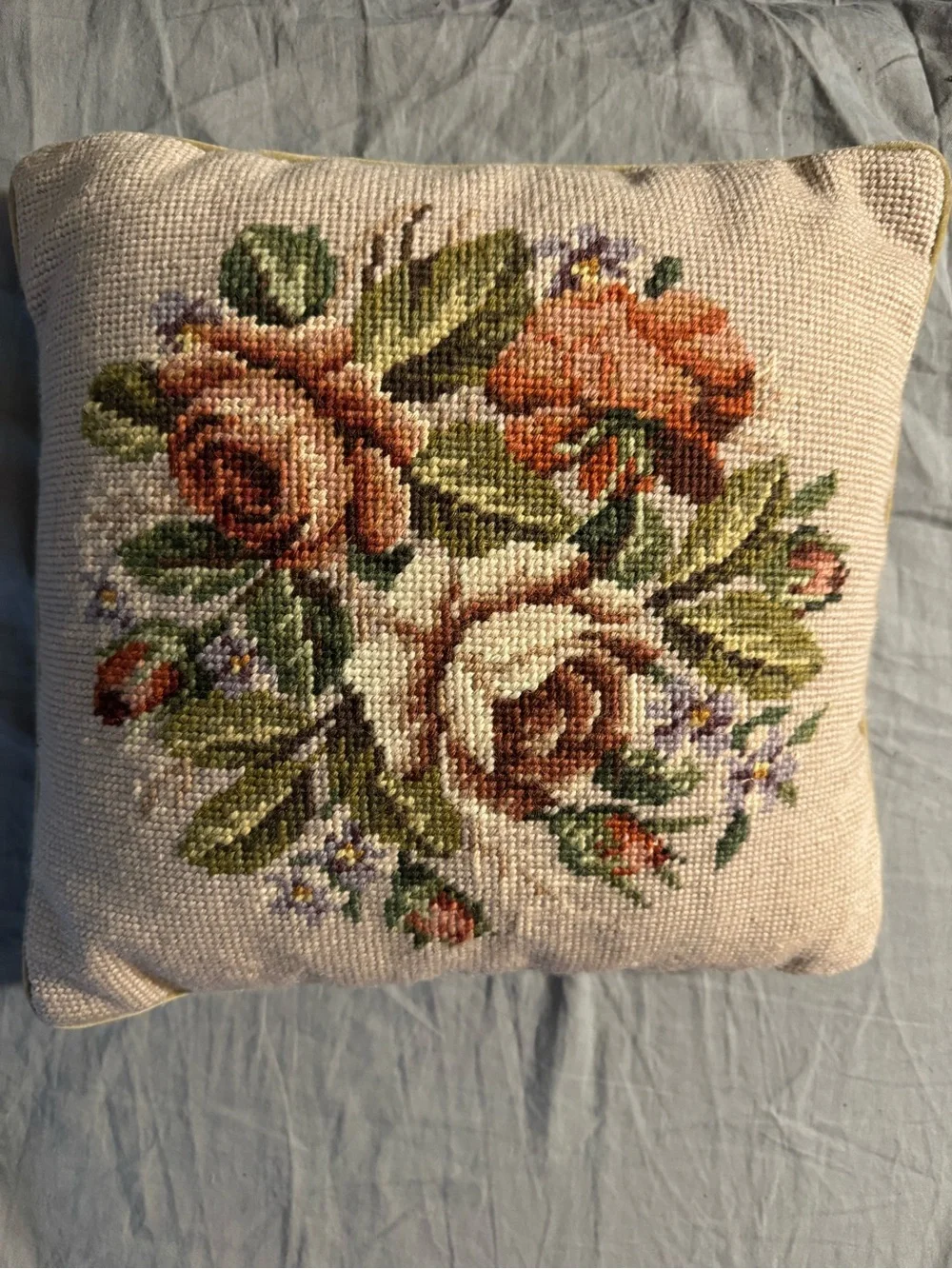 Handcrafted Cream Needlepoint Floral Throw Pillow - Unbranded